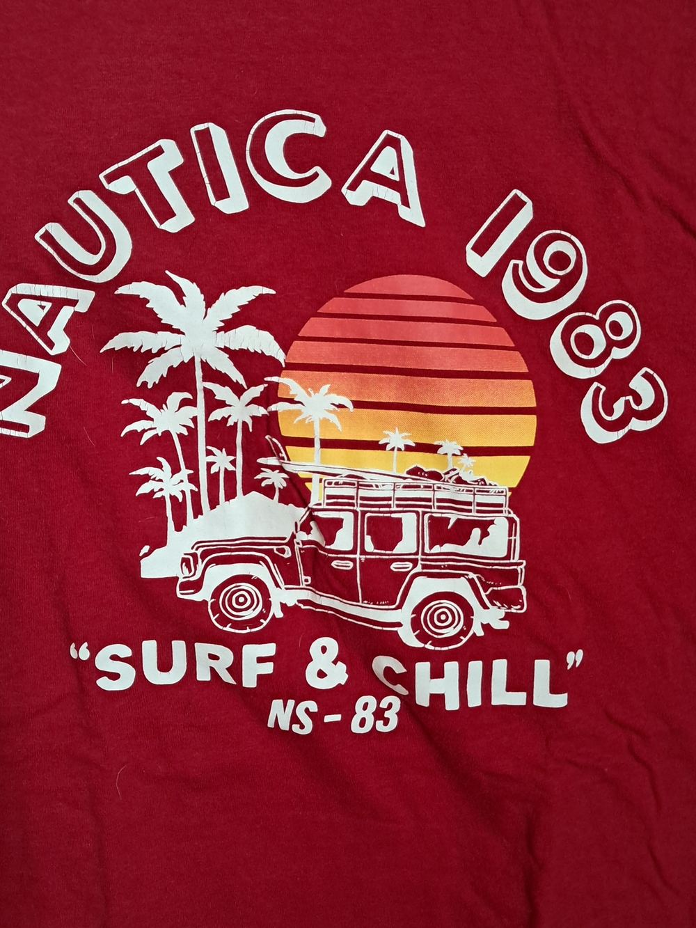 Nautica Red Tee with Surf & Chill Sunset Graphic